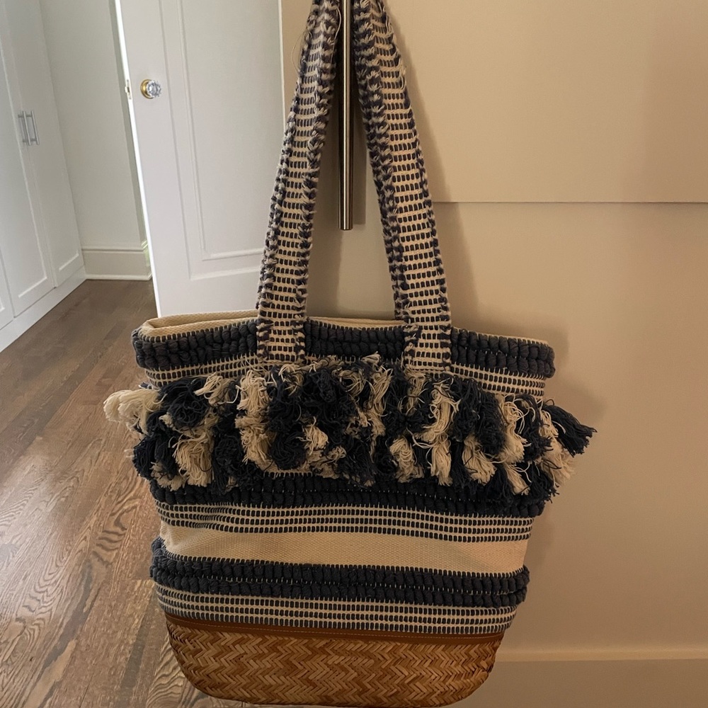 Roller rabbit Boho tote bag with rattan bottom. Previously sold out